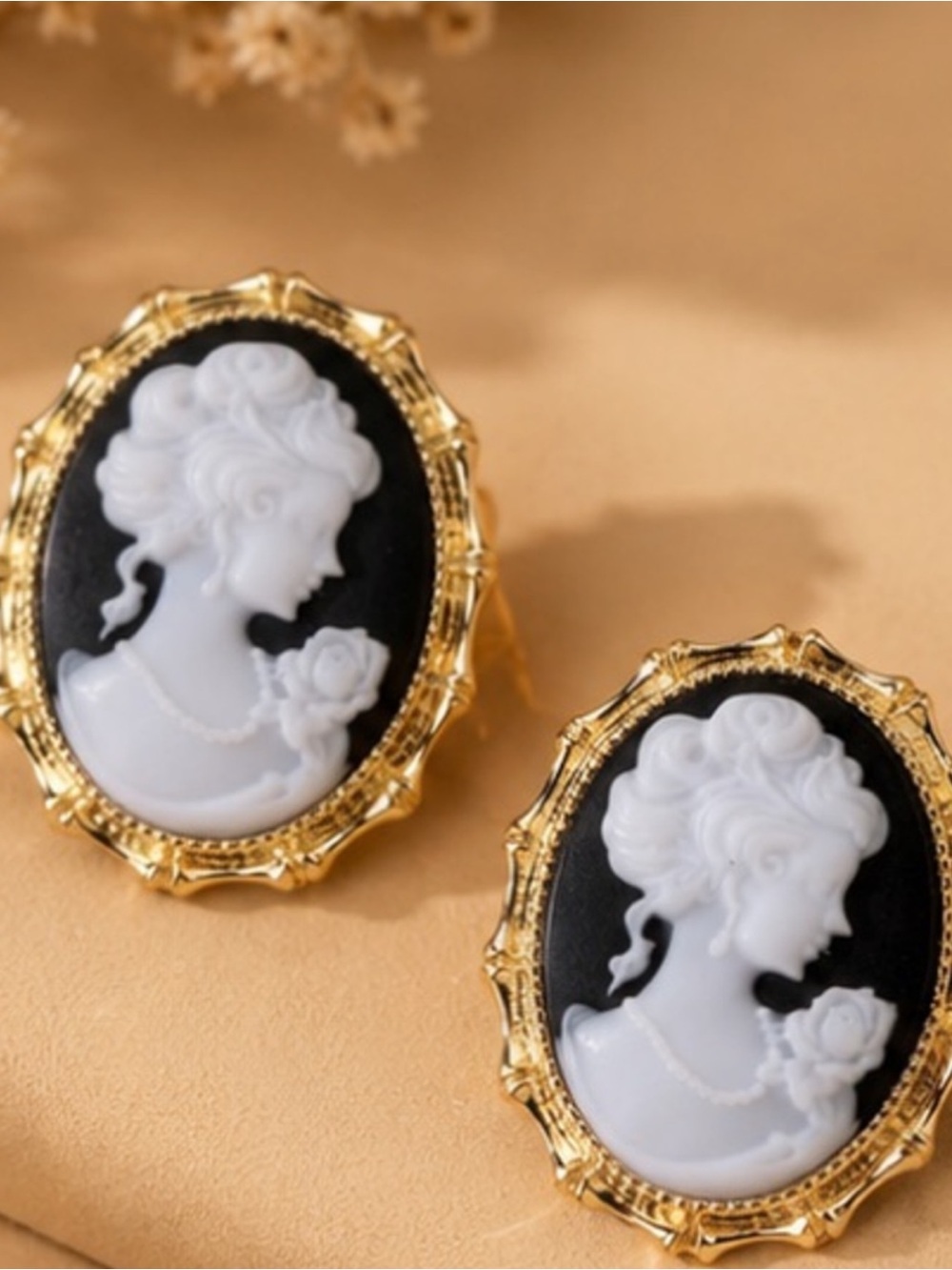Luxe Black and White Cameo Portrait Earrings with Gold Frame
